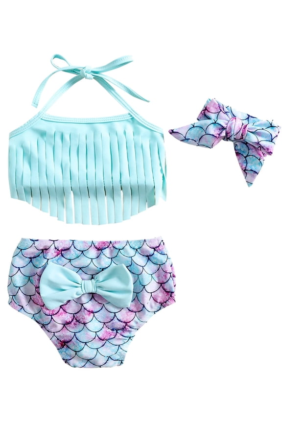 Newborn Baby Girl 3Pcs Bikini with Tassels Mermaid Bowknot Swimwear Toddler Bathing Suit