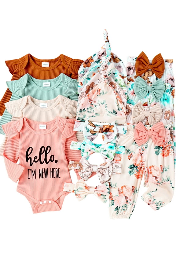Newborn Baby Girl 4Pcs Outfit, Infant Girl Outfits Long Sleeve Ruffle Romper + Floral Pants + Headband +Hat Set Clothes