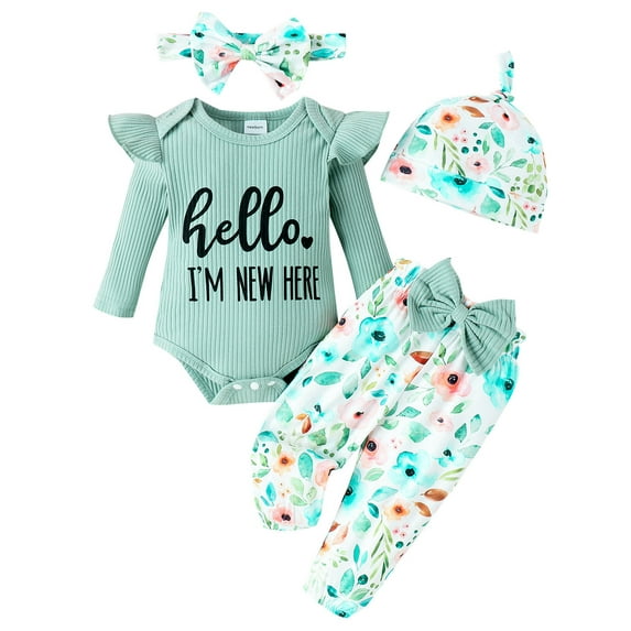 WIBACKER Newborn Baby Girl 4Pcs Outfit, Infant Girl Outfits Long Sleeve Ruffle Romper + Floral Pants + Headband +Hat Set Clothes