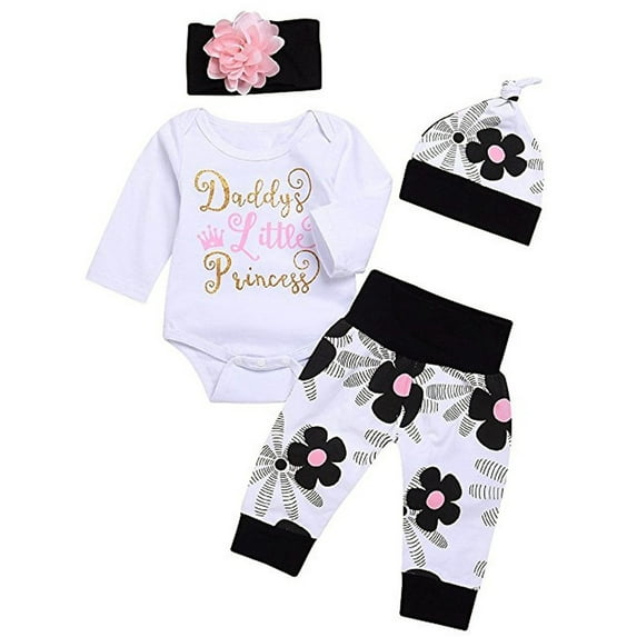WIBACKER Newborn Baby Girl 4Pcs Outfits Infant Romper + Floral Pants + Headband + Hat Christmas Gift