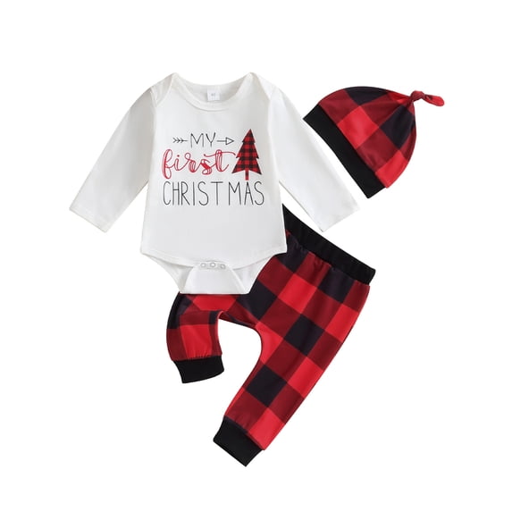 WIBACKER Newborn Baby Girl Boy My 1st Christmas Outfit Infant Plaid Romper + Long Pants + Hat XMAS Clothes 3 Pcs Set 3-6M