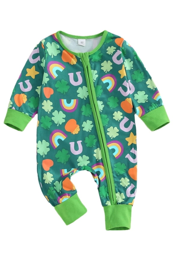 Newborn Baby Girl Boy St. Patricks Day Outfit Four Leaf Clover Romper Green Long Sleeve Jumpsuit
