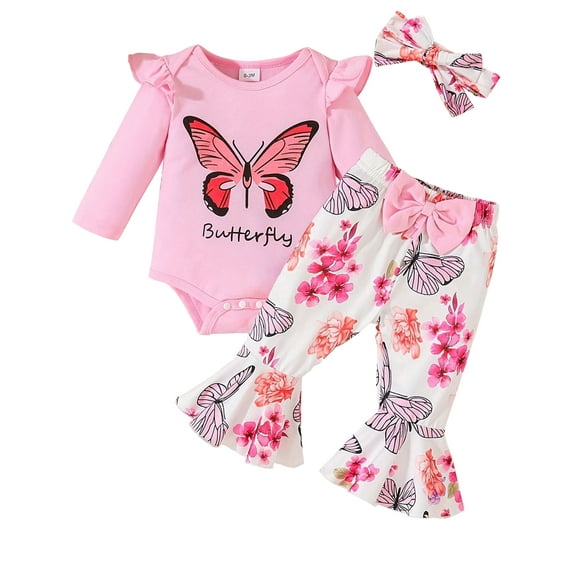 WIBACKER Newborn Baby Girl Clothes Infant Rib Frill Long Sleeve Romper Flared Pants Headband Set 3pcs Fall Winter Butterfly Outfits