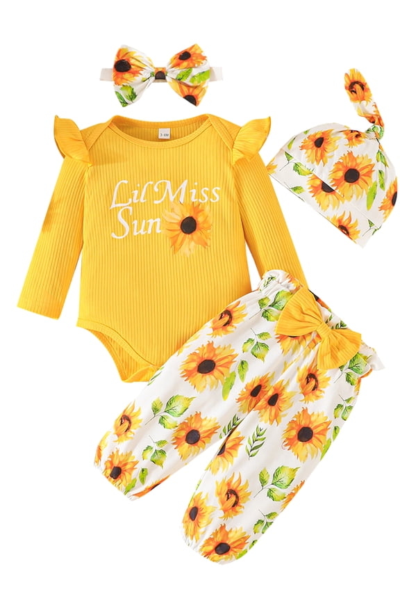 Newborn Baby Girl Clothes Little Miss Sunflower Infant Romper Spring Fall Outfits Gifts for Girls Cute Pant 4Pcs Sets