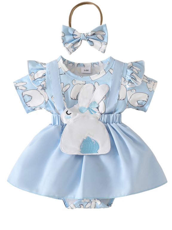 Newborn Baby Girl Easter Clothes Rabbit Ruffle Sleeve Romper Suspender Dress Headband Summer Outfits
