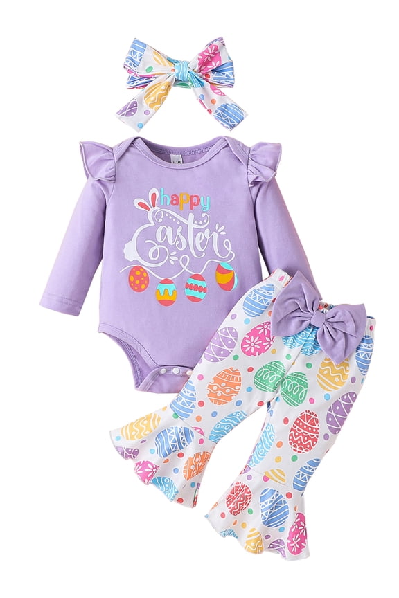 Newborn Baby Girl Easter Egg Outfit Romper Ruffle Onesie Flared Pants Headband Easter Clothes 0-24M