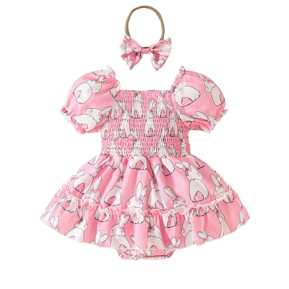 WIBACKER Newborn Baby Girl Easter Outfit Smocked Bunny Romper Bodysuit Headband Summer Pleated Dress Clothes 0-3M