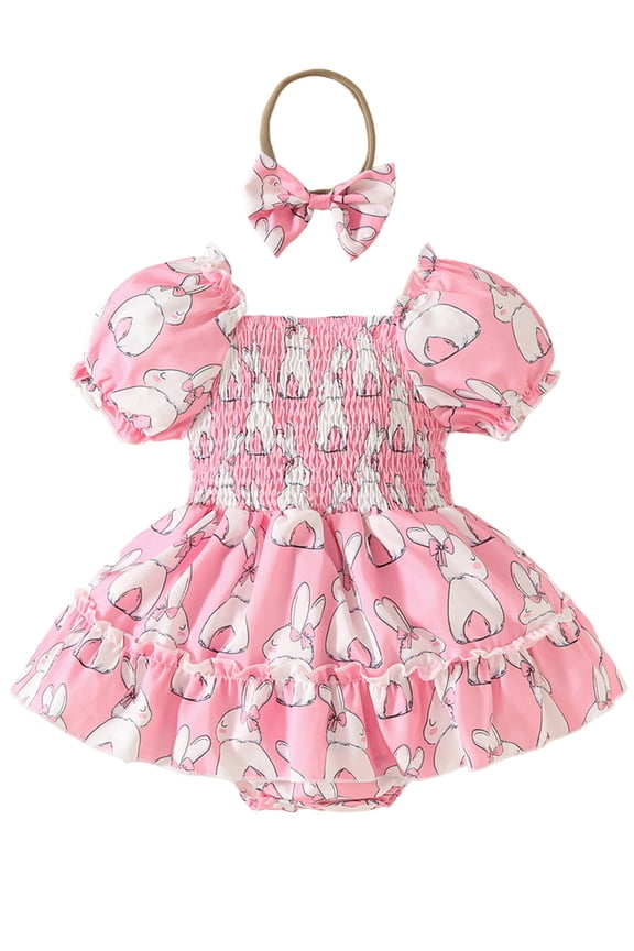 Newborn Baby Girl Easter Outfit Smocked Bunny Romper Bodysuit Headband Summer Pleated Dress Clothes 0-3M