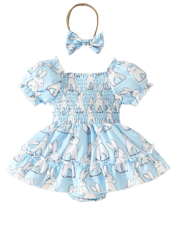 Newborn Baby Girl Easter Outfit Smocked Bunny Romper Bodysuit Headband Summer Pleated Dress Clothes 3-6M