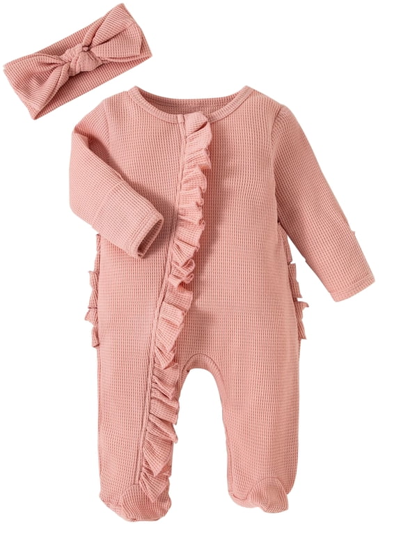 Newborn Baby Girl Fall Winter Outfits Clothes Knit Jumpsuit Ruffle Romper Zip Up Coming Home Outfit Footies Bodysuit