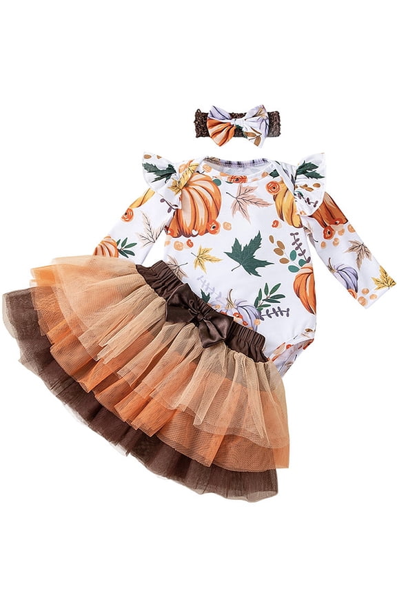 Newborn Baby Girl Halloween Skirt Outfit Set, Infant Pumpkin Dress, Toddler Romper + Tutu Skirt + Headband