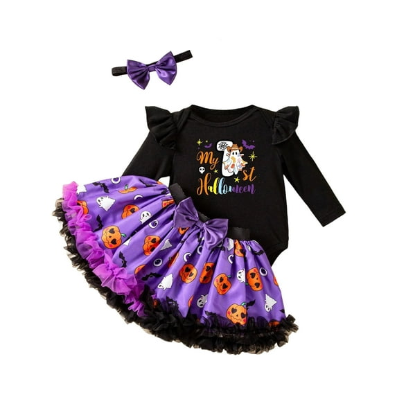 WIBACKER Newborn Baby Girl My 1st Halloween Skirt Outfit, Infant Pumpkin Dress, Toddler Romper Tutu Skirt Headband Set