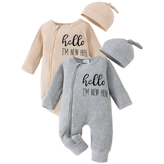 WIBACKER Newborn Baby Girl Ribbed Romper with Mittens Cuffts Infant Boy Jumpsuit + Hat 2Pcs Coming Home Outfit