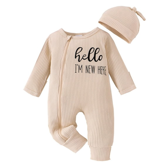 WIBACKER Newborn Baby Girl Ribbed Romper with Mittens Cuffts Infant Boy Jumpsuit + Hat 2Pcs Coming Home Outfit