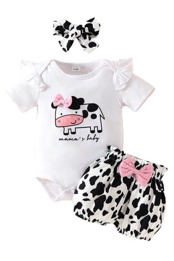 Newborn Baby Girl Summer Outfits Cow Printed Short Sleeve Romper Floral Shorts Clothes with Headband