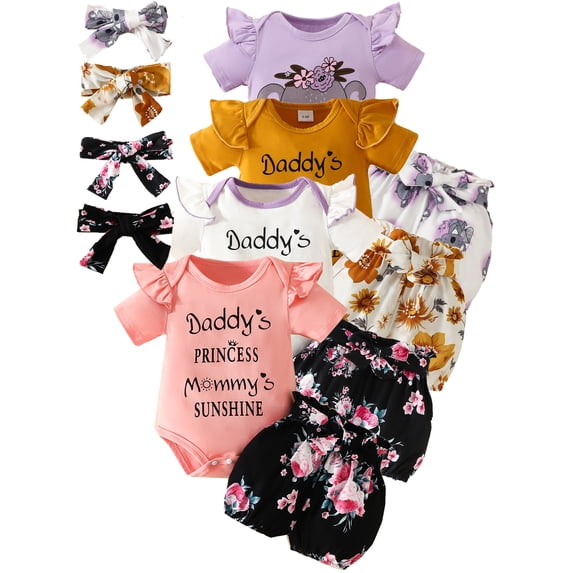 WIBACKER 3-6M Newborn Infant Baby Girl Daddy's Pincess Outfits Short Sleeve Ruffle Romper + Floral Shorts + Headband 3pcs Set