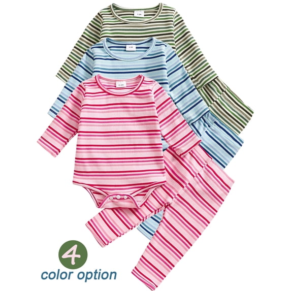 WIBACKER Newborn Baby Girls Boys Clothes Outfit Stripe Long Sleeve Ribbed Knit Romper Pants Set Fall Winter