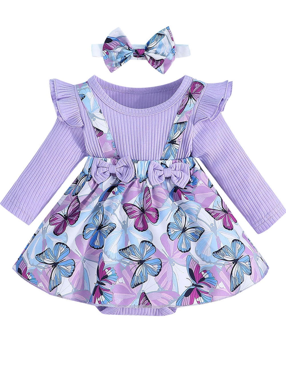 WIBACKER Newborn Baby Girls Butterfly Outfit Long Sleeve Ruffle Romper Dress Headband 018M