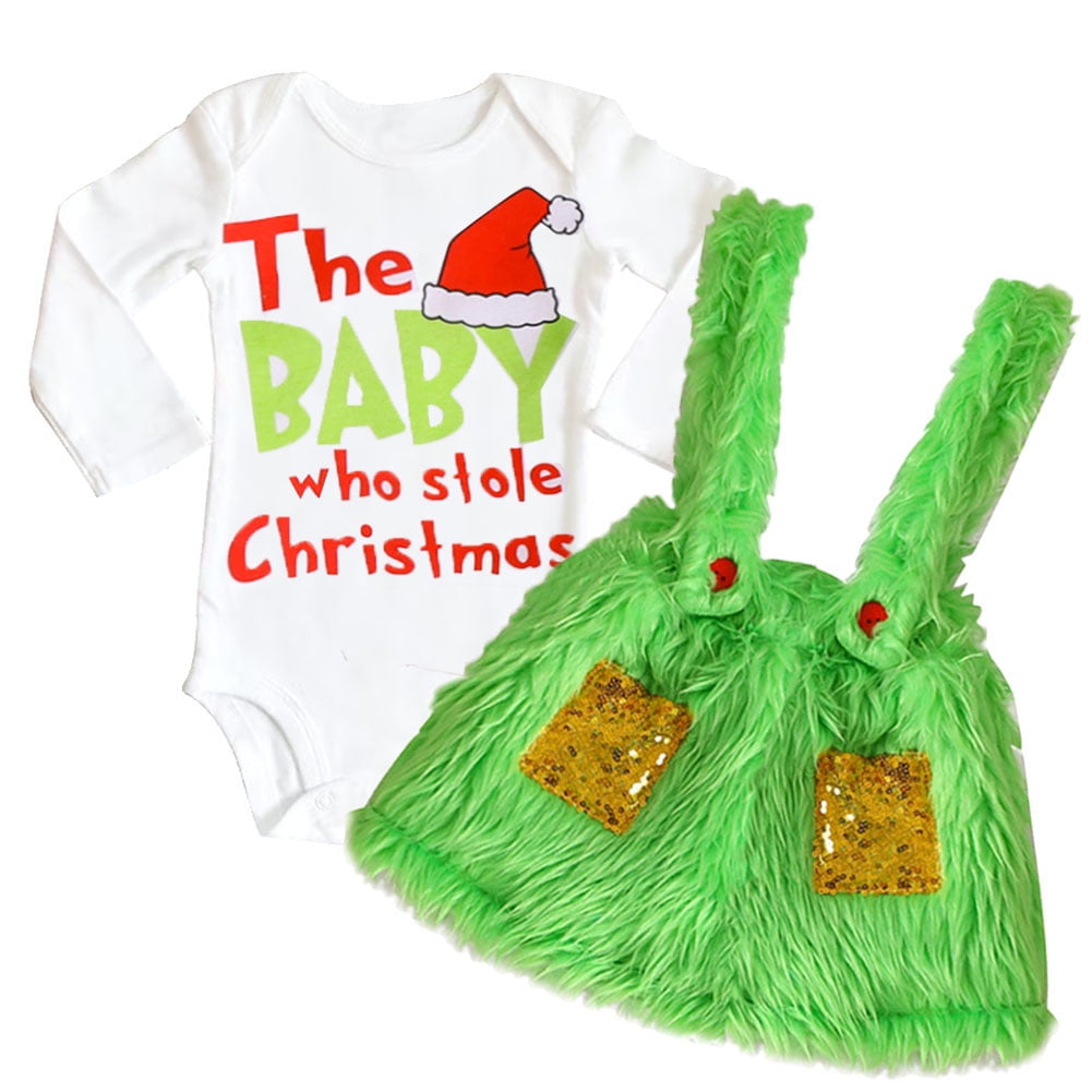 WIBACKER Newborn Baby Girls Christmas Romper Tops Furry Suspender Skirts Outfits Infant Xmas