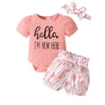 thumbnail image 1 of WIBACKER Newborn Baby Girls Clothes Infant Girls Summer 3PCS Outfits I'm New Here Print Short Sleeve Romper Floral Shorts Headband Set, 1 of 11