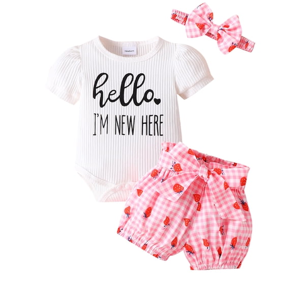 WIBACKER Newborn Baby Girls Clothes Infant Girls Summer 3PCS Outfits I'm New Here Print Short Sleeve Romper Floral Shorts Headband Set