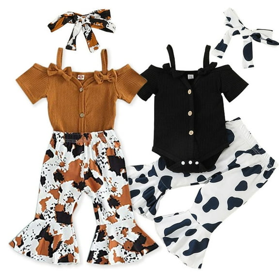 WIBACKER Newborn Baby Girls Cow Print Outfits Off Shoudler Romper Bell Bottom Pants Summer Clothes