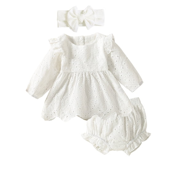 WIBACKER Newborn Baby Girls Long Sleeve Outfits Ruffle Eyelet Dress Top+Bloomers Shorts+Headband Set Summer Clothes