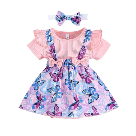 WIBACKER Newborn Baby Girls Summer Clothes Infant Short Sleeve Butterfly Print Romper Dress Headband Outfits