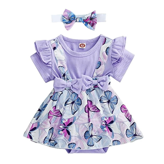 WIBACKER Newborn Baby Girls Summer Clothes Short Sleeve Butterfly Print Romper Dress Headband Outfit