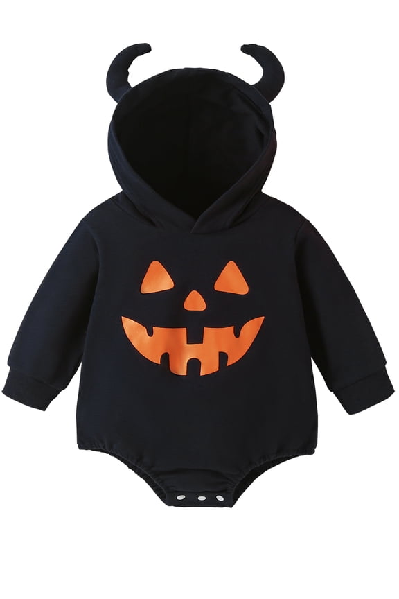 Newborn Halloween Cattle Horn Hoodie Girl Boy Pumpkin Romper Bubble Sweatshirt Bodysuit Fall Outfit Baby Clothes