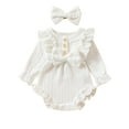 thumbnail image 1 of WIBACKER Newborn Infant Baby Girl Fall Winter Clothes Knit Ruffle Long Sleeve Bubble Romper Bodysuit One-Piece Outfit with Headband, 1 of 10