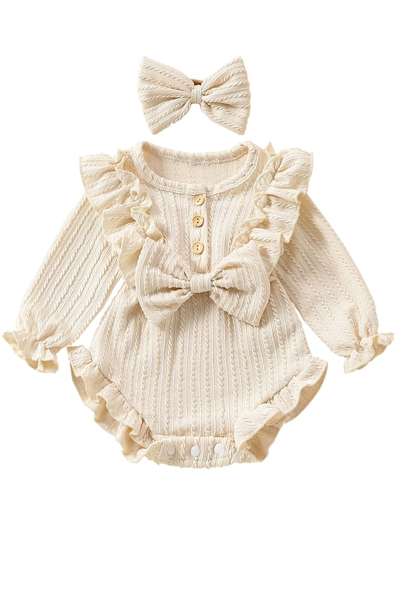 Newborn Infant Baby Girl Fall Winter Clothes Knit Ruffle Long Sleeve Bubble Romper Bodysuit One-Piece Outfit with Headband