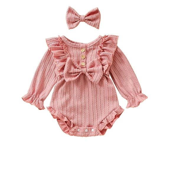 WIBACKER Newborn Infant Baby Girl Fall Winter Clothes Knit Ruffle Long Sleeve Bubble Romper Bodysuit One-Piece Outfit with Headband