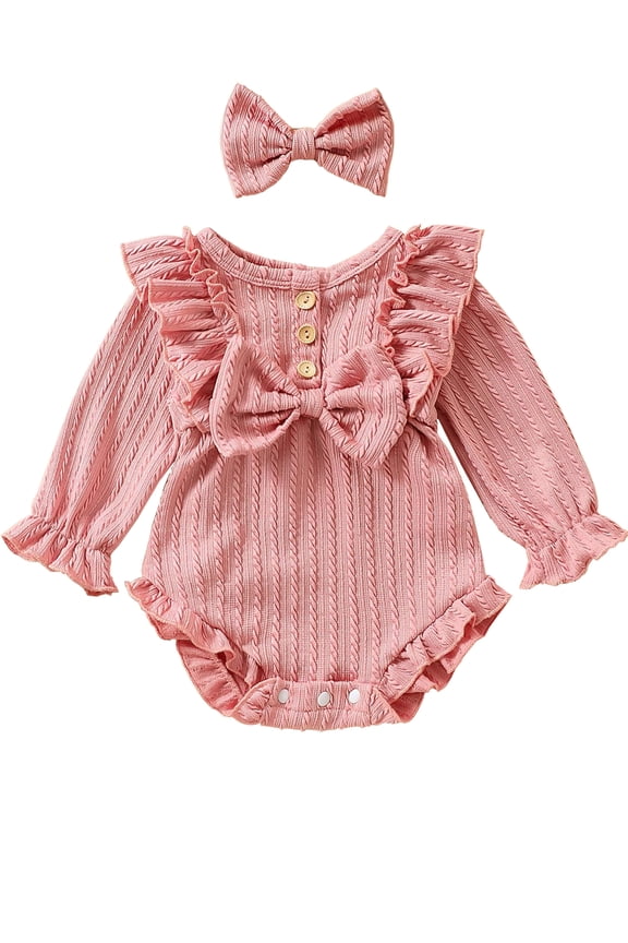 Newborn Infant Baby Girl Fall Winter Clothes Knit Ruffle Long Sleeve Bubble Romper Bodysuit One-Piece Outfit with Headband