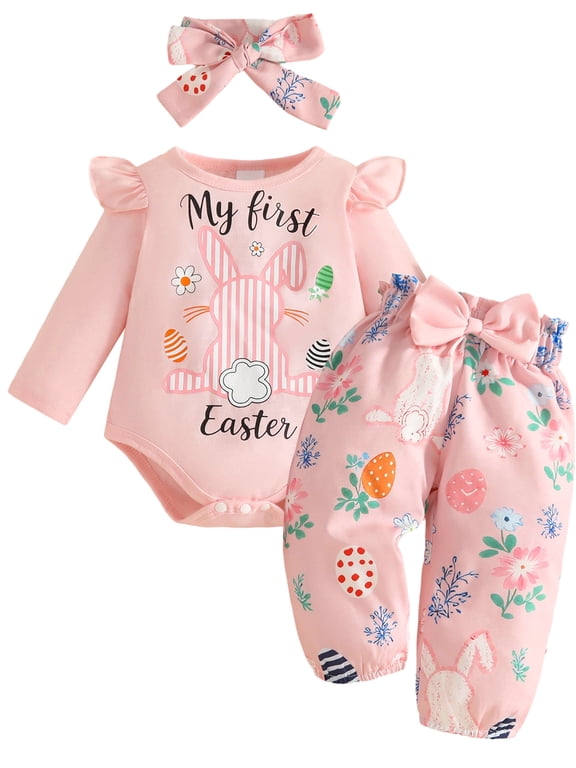 Newborn Infant Baby Girls Easter Clothes Bunny Romper Bodysuit Pants Set My First Easter Outfits