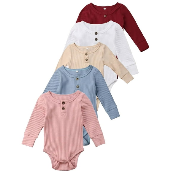 WIBACKER Newborn Unisex Baby Romper Infant Solid Ribbed Long Sleeve Bodysuit 1Pcs