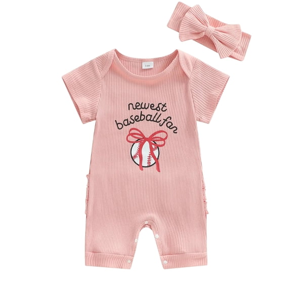 WIBACKER Ribbed Knit Romper and Headband Outfit Set for Newborn Baby Girls Infant Baseball Fan Short Sleeve Jumpsuit Summer Coming Home Clothes