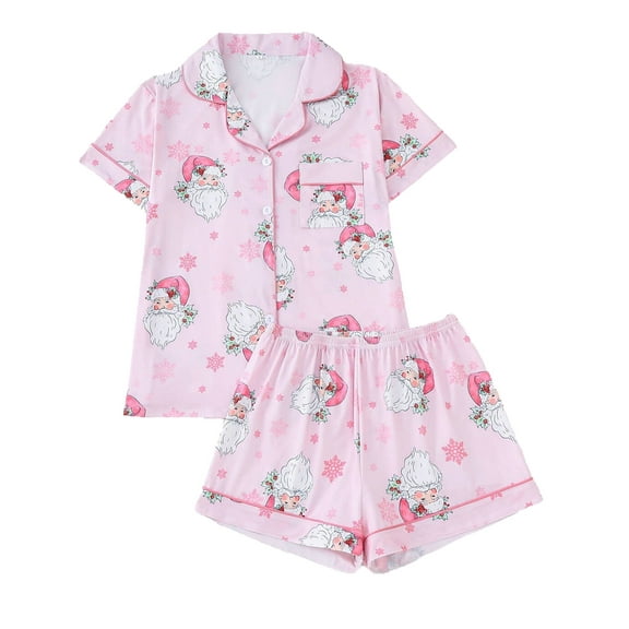 WIBACKER S-2XL Christmas Womens Pajamas Set Short Sleeve Button Down 2 Piece Loungewear Sets Santa Claus Sleepwear