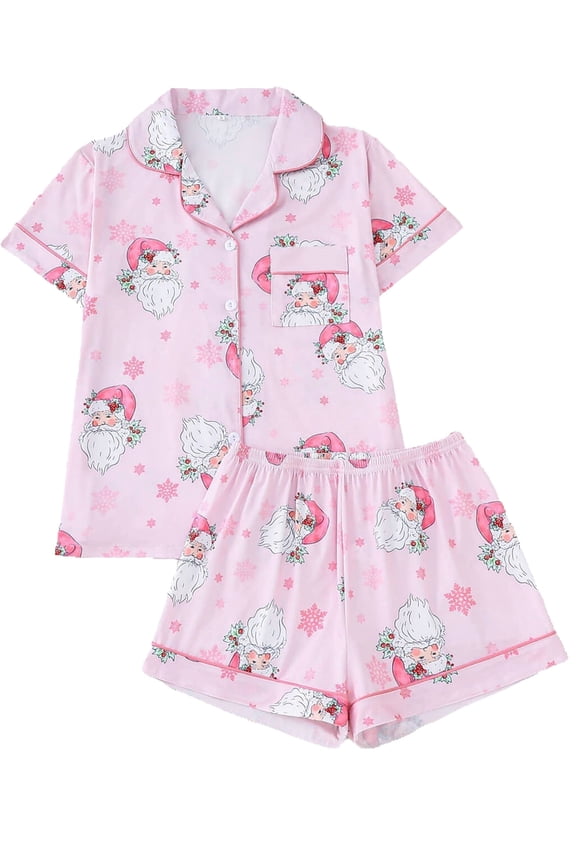 S-2XL Christmas Womens Pajamas Set Short Sleeve Button Down 2 Piece Loungewear Sets Santa Claus Sleepwear