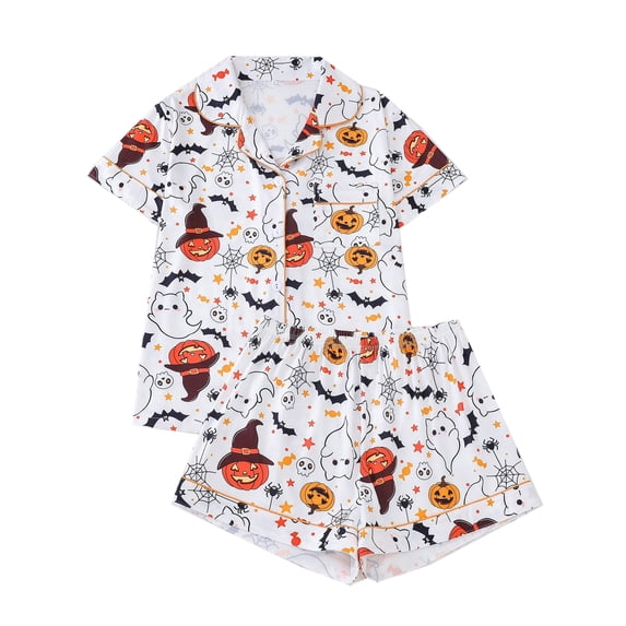 WIBACKER S-2XL Halloween Womens Pajamas Set Short Sleeve Button Down 2 Piece Loungewear Sets Boo Pumpkin Sleepwear
