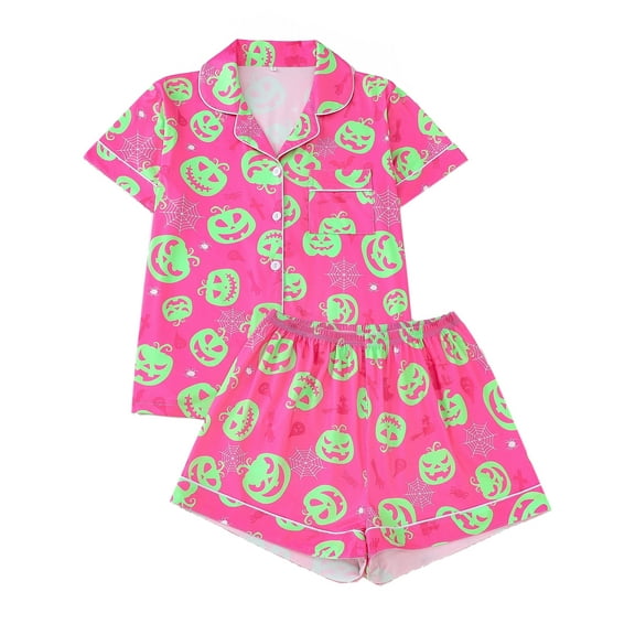 WIBACKER S-2XL Halloween Womens Pajamas Set Short Sleeve Button Down 2 Piece Loungewear Sets Ghost Pumpkin Sleepwear