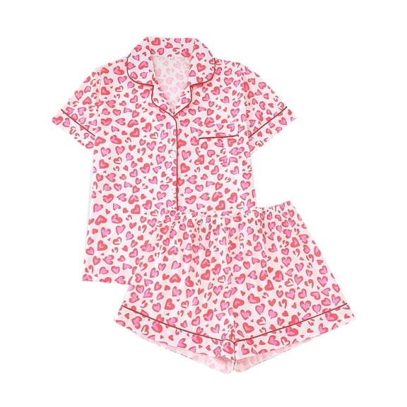 WIBACKER S-2XL Valentine's Day Womens Pajamas Set Short Sleeve Button Down 2 Piece Little Heart Loungewear Sets Sleepwear