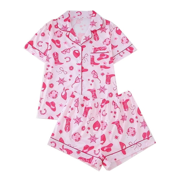 WIBACKER S-2XL Womens Pajamas Set Short Sleeve Button Down 2 Piece Boots Print Loungewear Sets Tops and Shorts Sleepwear