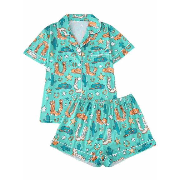 WIBACKER S-2XL Womens Pajamas Set Short Sleeve Button Down 2 Piece Boots Print Loungewear Sets Tops and Shorts Sleepwear
