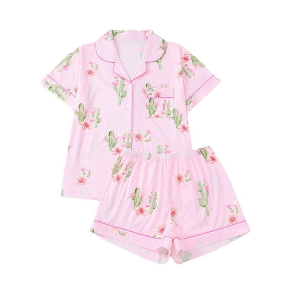 WIBACKER S-2XL Womens Pajamas Set Short Sleeve Button Down 2 Piece Cactus Loungewear Sets Tops and Shorts Sleepwear