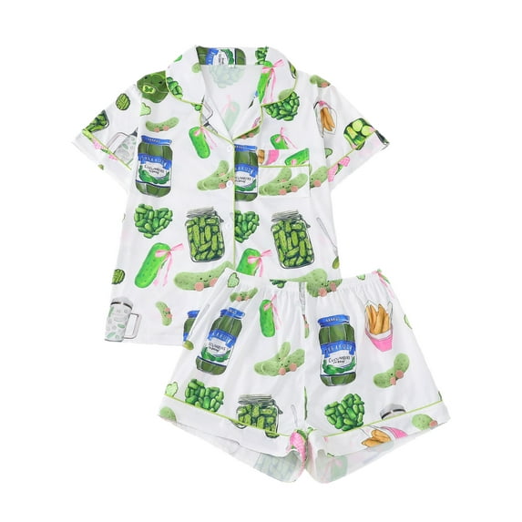 WIBACKER S-2XL Womens Pajamas Set Short Sleeve Button Down 2 Piece Cucumber Loungewear Sets Tops and Shorts Sleepwear