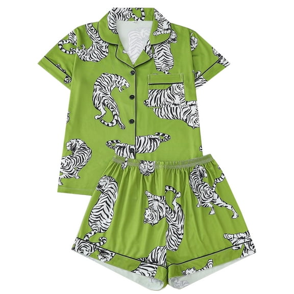 WIBACKER S-2XL Womens Pajamas Set Short Sleeve Button Down 2 Piece Tiger Loungewear Sets Tops and Shorts Sleepwear