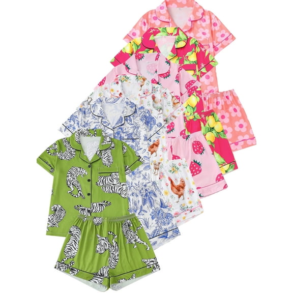 WIBACKER S-2XL Womens Pajamas Set Short Sleeve Button Down 2 Piece Tiger Loungewear Sets Tops and Shorts Sleepwear