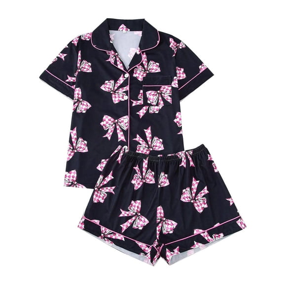 WIBACKER S-2XL Womens Pajamas Set Short Sleeve Pjs Button Down 2 Piece Loungewear Sets Black Bowknot Sleepwear