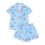 WIBACKER S-2XL Womens Pajamas Set Short Sleeve Pjs Button Down 2 Piece Loungewear Sets Blue Bowknot Sleepwear